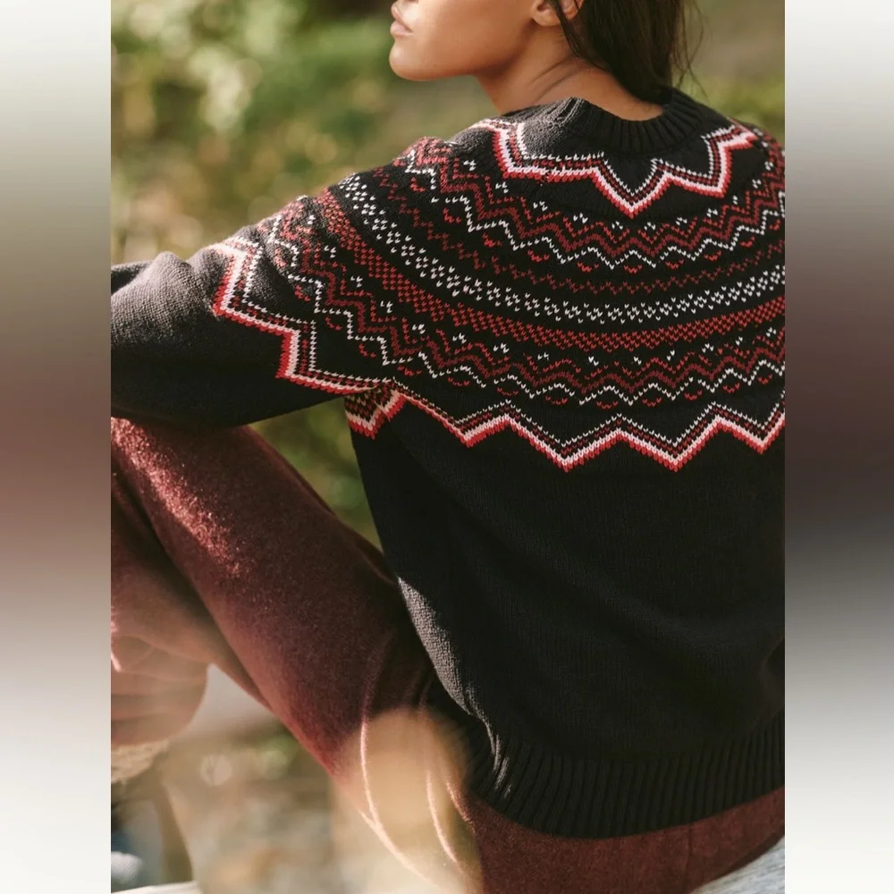 NWT Anthropologie x Beach Riot Black Red Fair Isle Sweater Cardigan Size Small